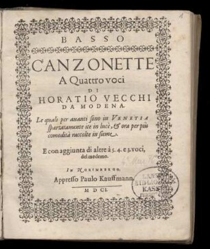 Oratio Vecchi: Canzonette a quattro voci. Basso