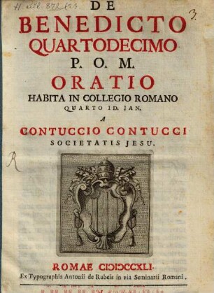 De Benedicto Quartodecimo P. O. M. Oratio