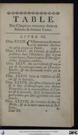 Table des Chapitres contenus dans ce sixiéme et dernier Tome.