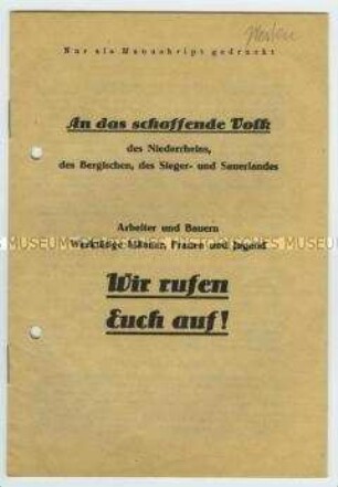 Aufruf der KPD Niederrhein zum Wiederaufbau (Rückblick; Schuldzuweisung; Aktionsprogramm)