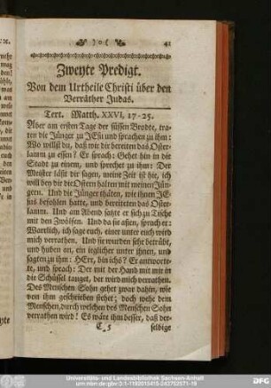 Zweyte Predigt. Von dem Urtheile Christi über den Verräther Judas.