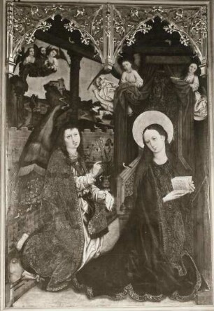 Marienaltar: Verkündigung, Geburt Christi, Anbetung, heilige Sippe (1. Wandlung des Marienaltars); Christus am Ölberg, Dornenkrönung, Kreuzigung, Kreuztragung (2. Wandlung des Altars)