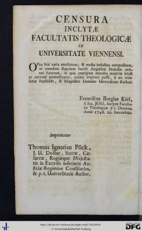 Censura Inclytae Facultatis Theologicae In Universitate Viennensi.