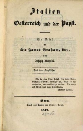 Italien, Österreich und der Papst : Ein Brief an Sir James Graham
