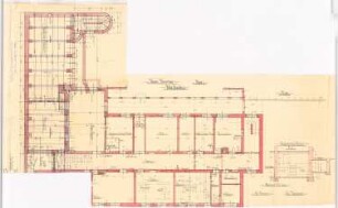 Vinzenz-Waisenhaus (mit Stallgebäude), Dortmund: Grundriss Keller 1:50 (Blatt 2), Querschnitt der Heizung, Wäschereiflügel angefügt