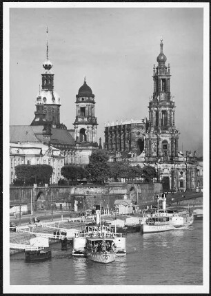Dresden, Schloß und Hofkirche : Dresden. Blick zur Brühlschen Terrasse und Silhouette der Altstadt mit Sekundogenitur, Ständehaus, Hausmannsturm und Katholischer Hofkirche