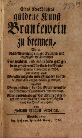 Eines Nordhäusers güldene Kunst Brantewein zu brennen : Eines Nordhäusers güldene Kunst Brantewein zu brennen