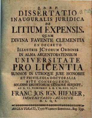 Diss. inaug. iur. de litium expensis