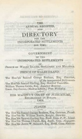 The annual register and directory for the incorporated settlements for 1843