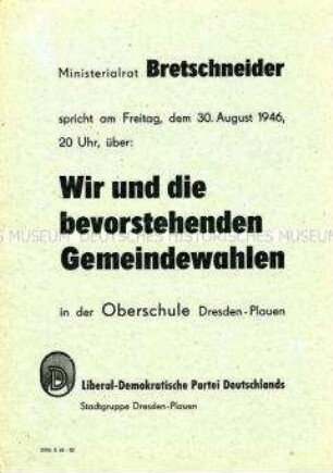 Einladung der LDPD Dresden-Plauen zu einer Versammlung in Vorbereitung der Gemeindewahlen 1946