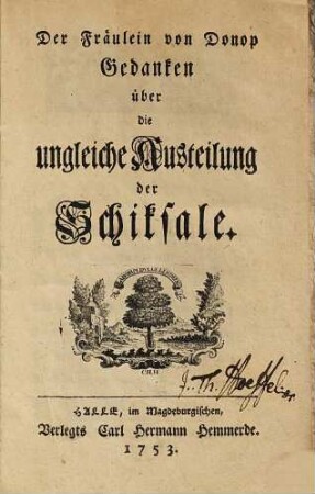 Der Fräulein von Donop Gedanken über die ungleiche Austeilung der Schiksale
