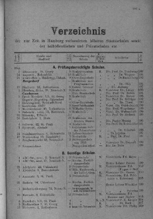 Verzeichnis der zur Zeit in Hamburg vorhandenen höheren Staatsschulen, sowie der halböffentlichen und Privatschulen etc.