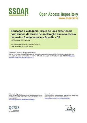 Educação e cidadania: relato de uma experiência com alunos da classe de aceleração em uma escola de ensino fundamental em Brasília - DF