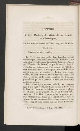 Lettre à Mr. Cartier, directeur de la Revue numismatiques, sur une médaille inédite de Théodore, roi de Corse