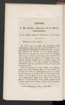 Lettre à Mr. Cartier, directeur de la Revue numismatiques, sur une médaille inédite de Théodore, roi de Corse