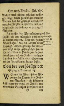 Von der vorhörunge der Gezeugen. Articulus 28.