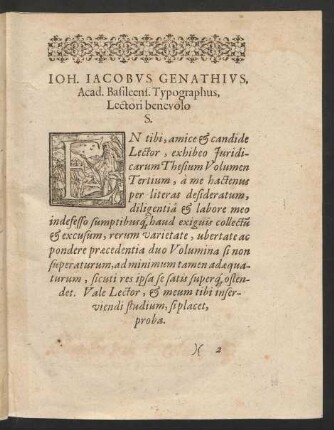 Joh. Jacobus Genathius, Acad. Basileens. Typographus, Lectori benevolo S.