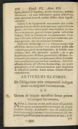 Articulus Ultimus. De Obligatione non cooperandi indigne danti vel recipienti Sacramentum.