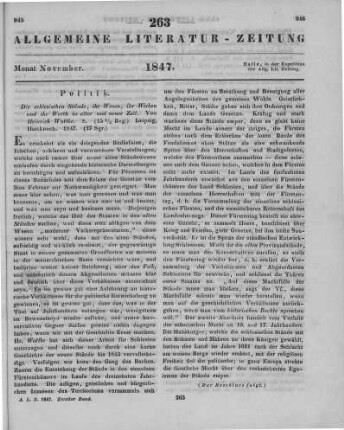 Wuttke, H.: Die schlesischen Stände, ihr Wesen, ihr Wirken und ihr Werth in alter und neuer Zeit. Leipzig: Hartknoch 1847