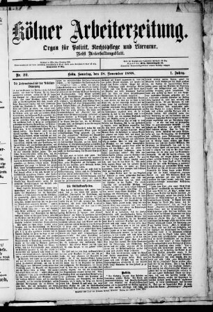 Kölner Arbeiterzeitung. 1888-1892