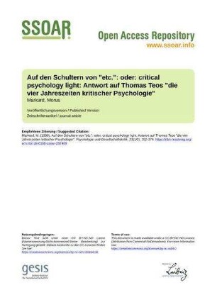 Auf den Schultern von "etc.": oder: critical psychology light: Antwort auf Thomas Teos "die vier Jahreszeiten kritischer Psychologie"