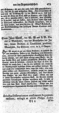 Delectus dissertationum medicarum Argentoratensium. Vol.I.