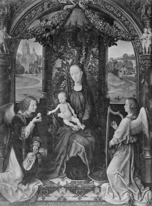 Thronende Madonna mit Kind zwischen zwei Engeln