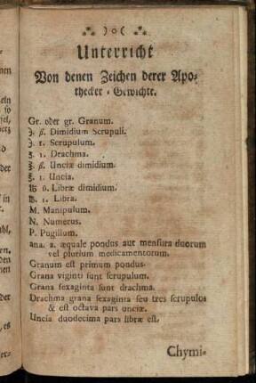 Unterricht Von denen Zeichen derer Apothecker-Gewichte.