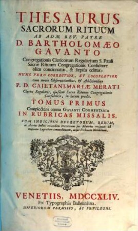 Thesaurus sacrorum rituum, 1
