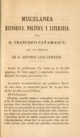 Miscelánea histórica, política y literaria