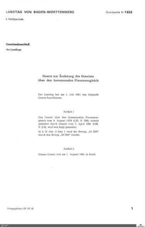 Änderung des Gesetzes über den kommunalen Finanzausgleich