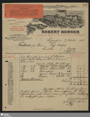 Robert Berger, Cacaofabrik, Poessneck, Thüringen : Factura