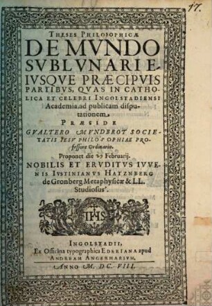 Theses philosophicae de mundo sublunari eiusque praecipuis partibus