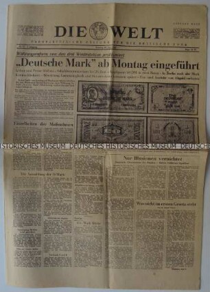 Tageszeitung "Die Welt" mit Titel zur Währungsreform und Einführung der Deutschen Mark