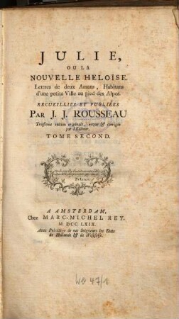 Oeuvres de Jaques Rousseau, 5. Tom. 2. - 1769. - LX, 360 S. : 4 Ill.