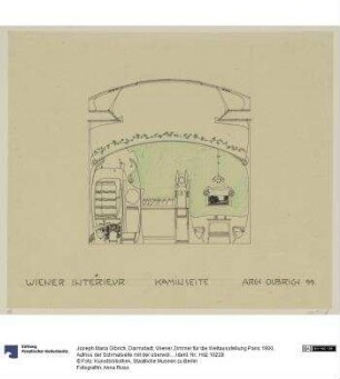 Darmstadt, Wiener Zimmer für die Weltausstellung Paris 1900, Aufriss der Schmalseite mit der überwölbten Nische