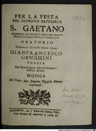 Per la festa del glorioso patriarca S. Gaetano