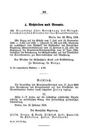 Grundsätze über Anrechnung des Kriegsdienstes auf das Dienstalter der Staatsbeamten : [A. Behörden und Beamte]