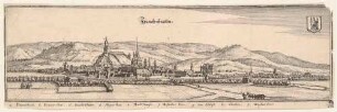 Panorama-Stadtansicht von Frankenhausen/Kyffhäuser (Bad Frankenhausen in Thüringen) mit Stadtwappen und Legende, aus Merians Topographia Superioris Saxoniae