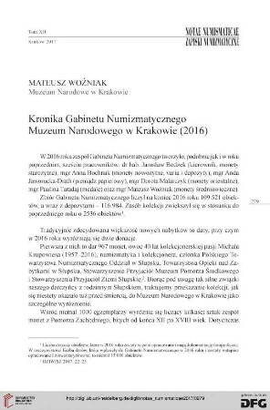 12: Kronika Gabinetu Numizmatycznego Muzeum Narodowego w Krakowie (2016)