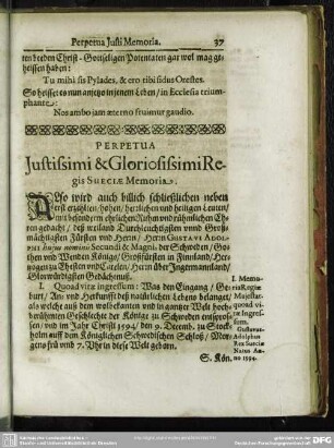 Perpetua Justissimi & Gloriosissimi Regis Sueciae Memoria