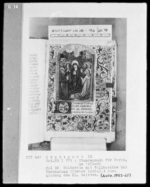 Lateinisches Stundenbuch — Pfingstbild, gerahmt von einer Vollbordüre, Folio 98recto