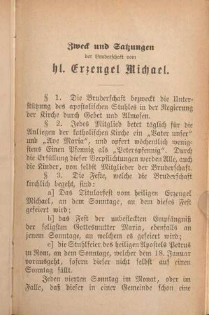 Zweck und Satzungen der Bruderschaft vom hl. Erzengel Michael.