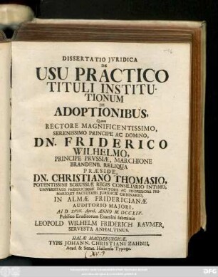 Dissertatio Jvridica De Usu Practico Tituli Institutionum De Adoptionibus