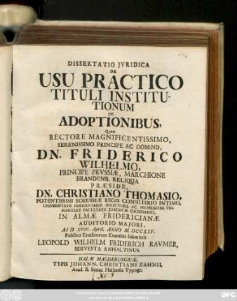 Dissertatio Jvridica De Usu Practico Tituli Institutionum De Adoptionibus
