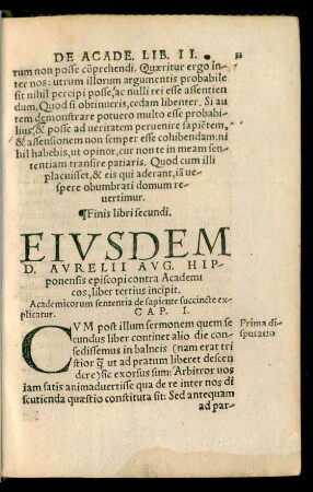 Eiusdem D. Aurelii Aug. Hipponensis episcopi contra Academicos, liber tertius incipit.