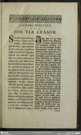 Lectori Benevolo S. P. D. Joh. Ulr. Cramer