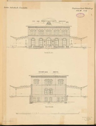 Bahnhof, Wittenberg: Empfangsgebäude: Vorderansicht, Rückansicht 1:100