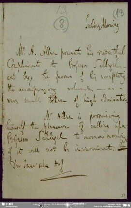 Eigenh. Brief von Alexander Allen an August Wilhelm von Schlegel, Bonn (Trier'scher Hof), Tuesday Morning o.J.