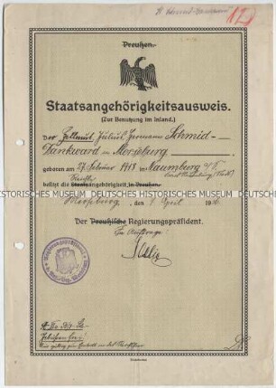 Staatsangehörigkeitsbescheinigung für einen Militärdienstbewerber aus Merseburg